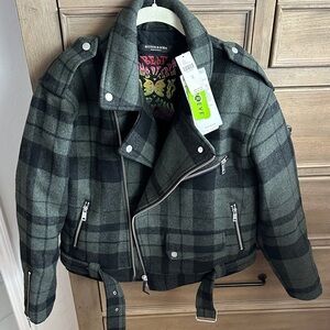 Scotch & Soda Green Plaid Biker Jacket
